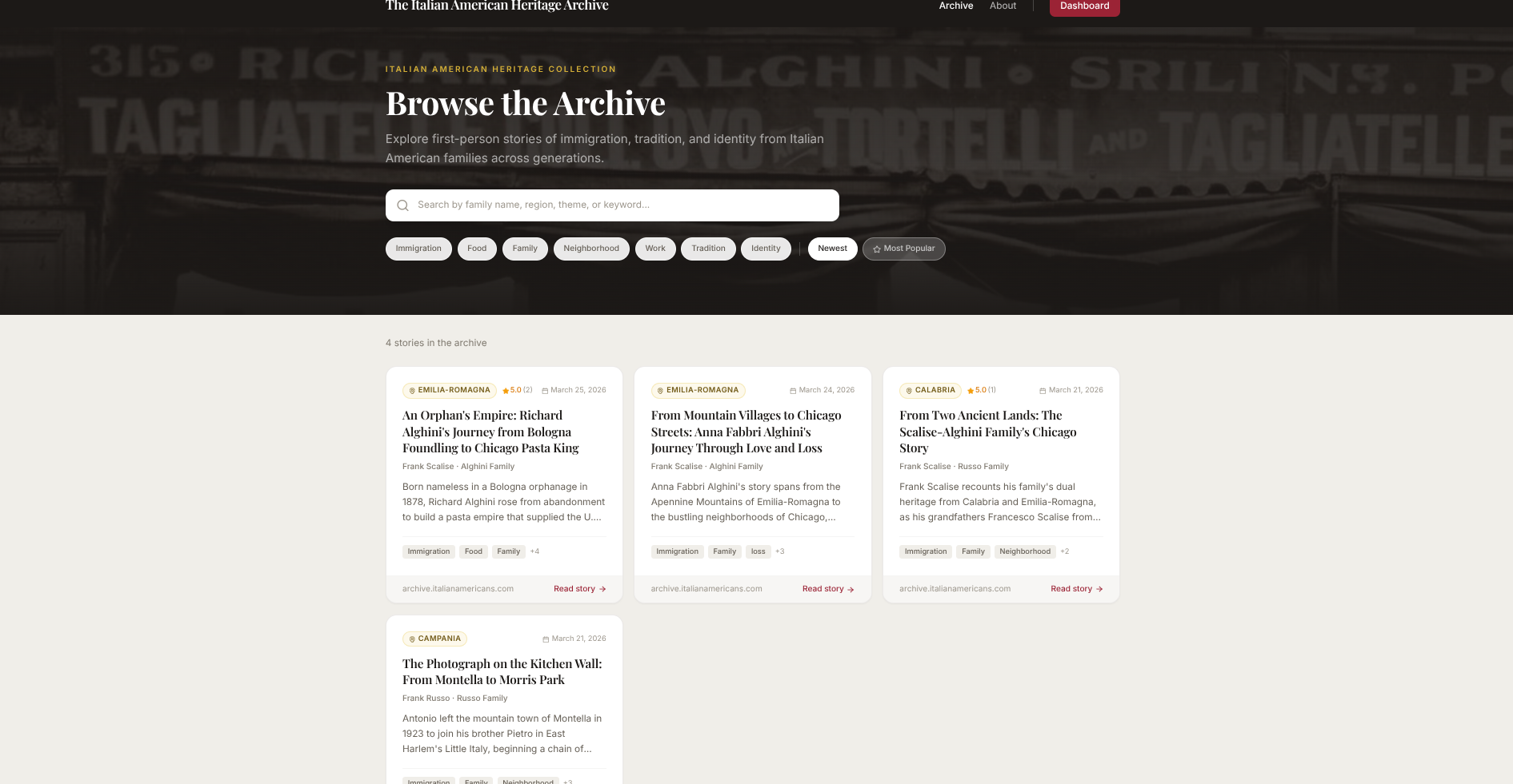 Public archive showing story cards with family names and regions