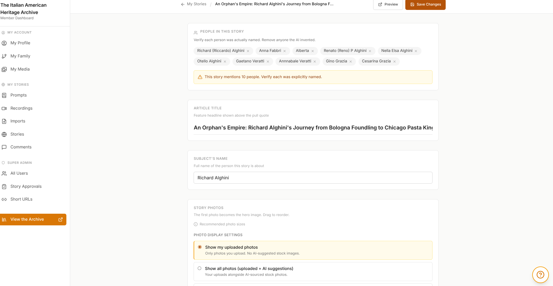 Story editor showing people tags, article title, and photo settings