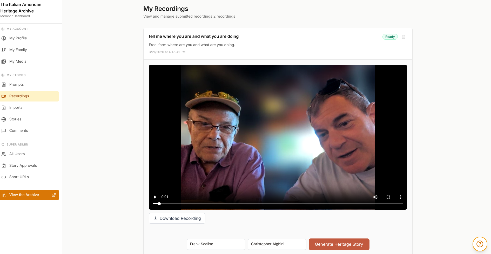 Recordings page showing video playback and Generate Heritage Story button